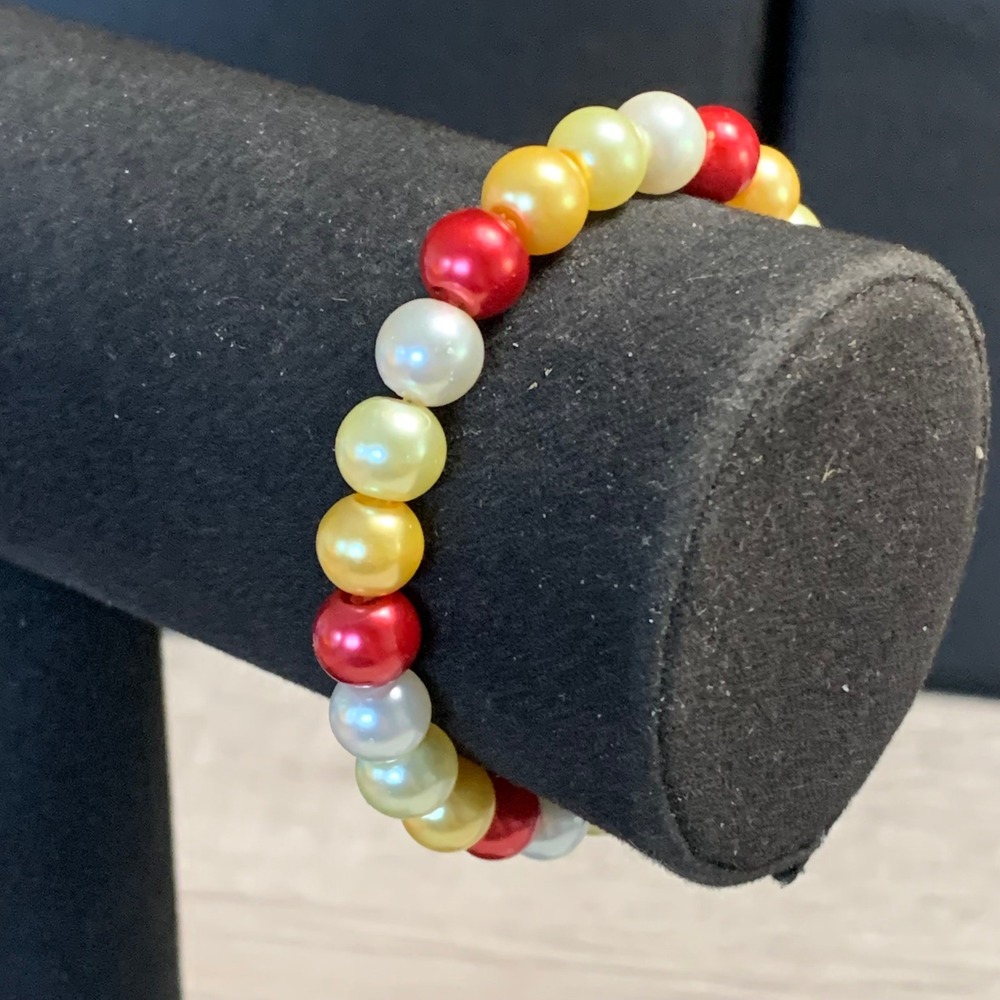 Red Yellow White Faux Pearl Beaded Stretch Bracelet Handmade 6 Inch 4366
